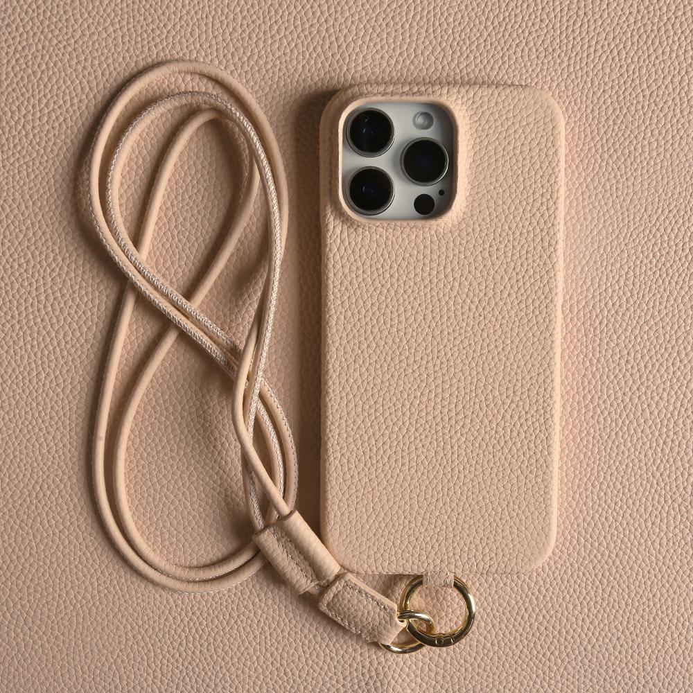For iPhone 14 Pro Max Case With Lanyard Genuine Cow Leather PC Phone Back Cover