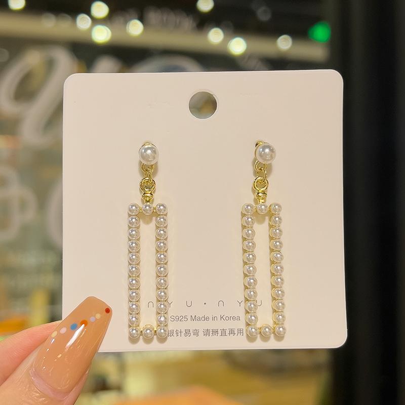 925 Silver Needle Temperament High-end Full Diamond Pearl Earrings Women's ins Wind Geometric Earrings Korean Light Luxury Earrings