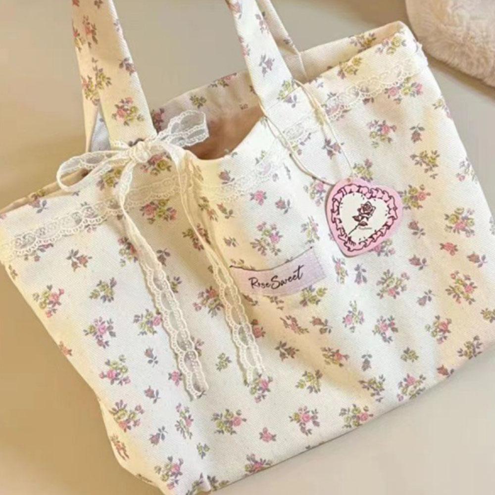 

Canvas Shoulder Bag with Lace Bow Handbag Fashion Storage Handbags