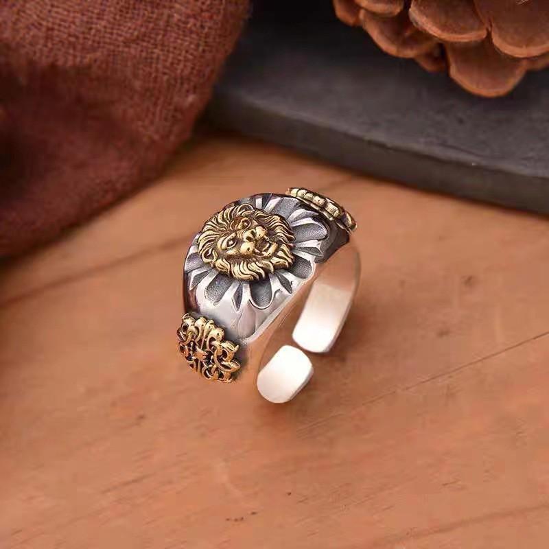Vintage Lion Head Ring Men Women Adjustable Sterling Statement Retro Animal Jewelry