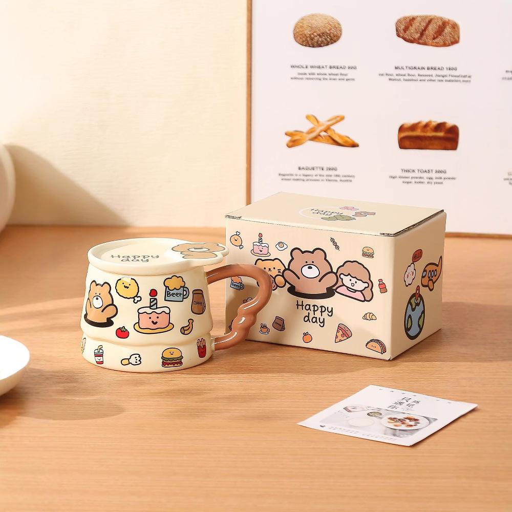 Cartoon Ceramic Cup with Lid Cute Personality Creative Mug Large Capacity High value Girl Couple Water Cup Gift