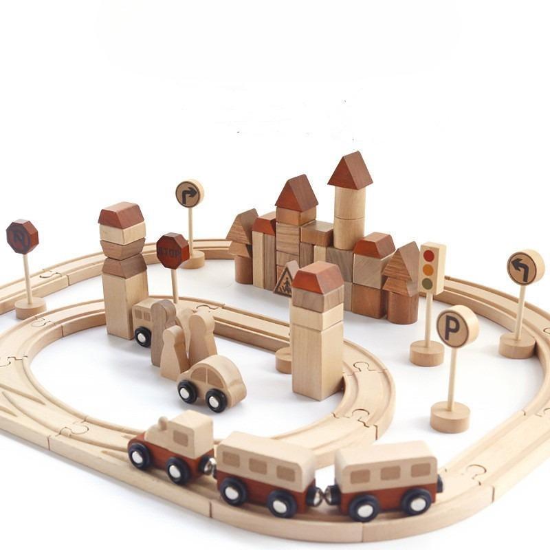 

Children s creative wooden forest track small train assembly building block traffic sign cognition baby early education toys
