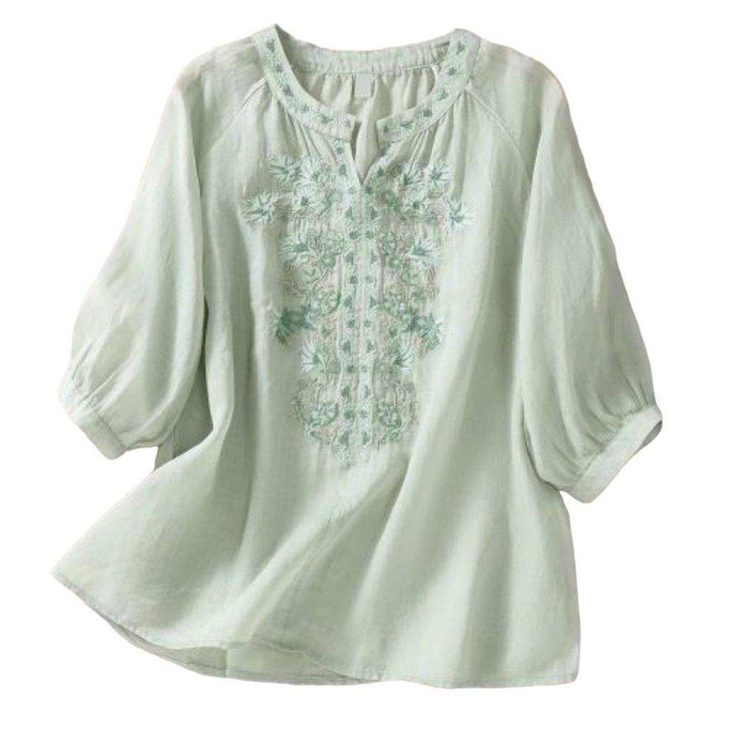 Women's Solid Color Three Quarter Sleeve Cotton And Linen Embroidered Retro Half Open Collar Top