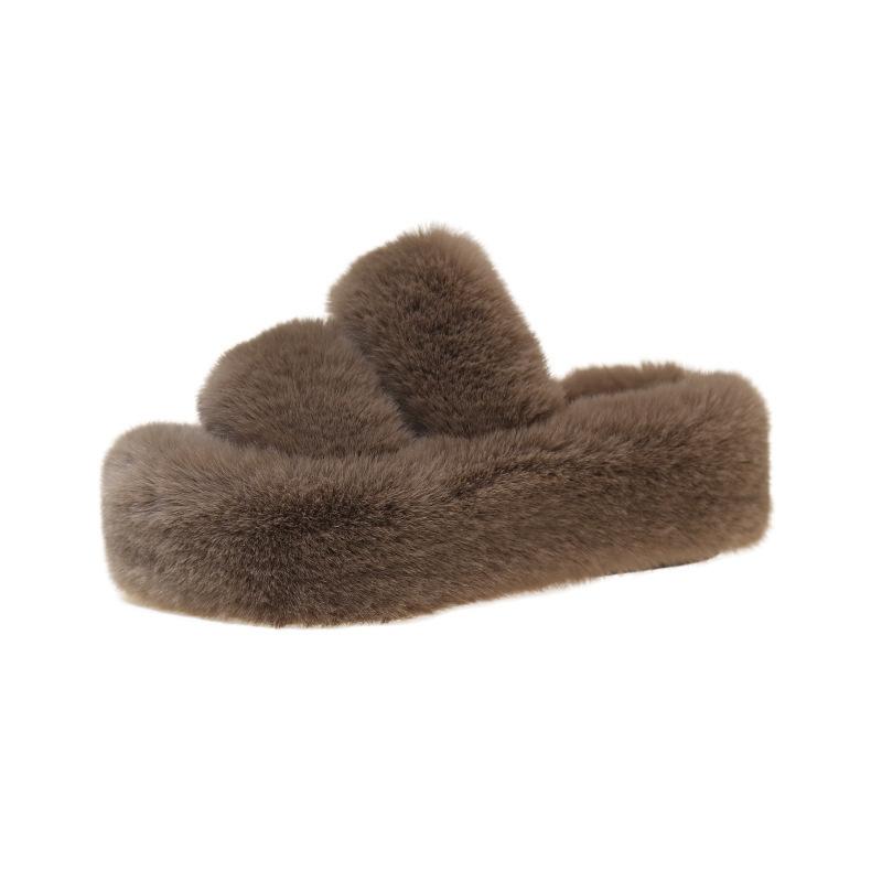 Foreign trade large-size fluffy slippers for women's outer wear 2025 new Korean version of home furnishing autumn and winter one-word thick-soled cott