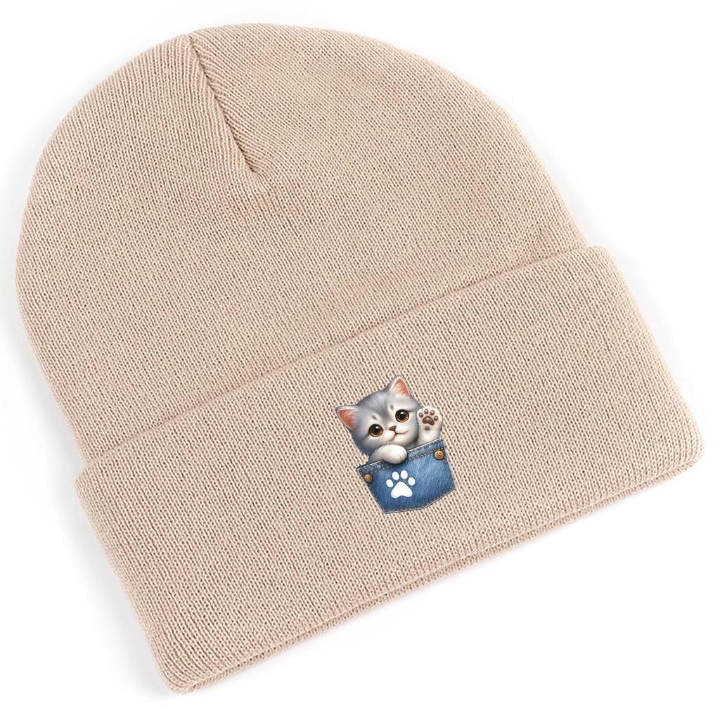 Pocket Cute Cat Print Knit Cap Beanie, Print Pompom Beanies Hip Hop Versatile Elastic Slouchy Knitted Cap Beanie