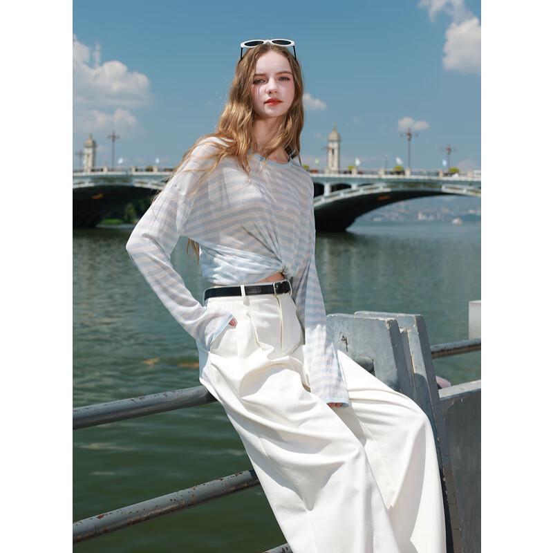 Sancai Women's Relaxed Fit Striped Acetate Blend Knit Sweater