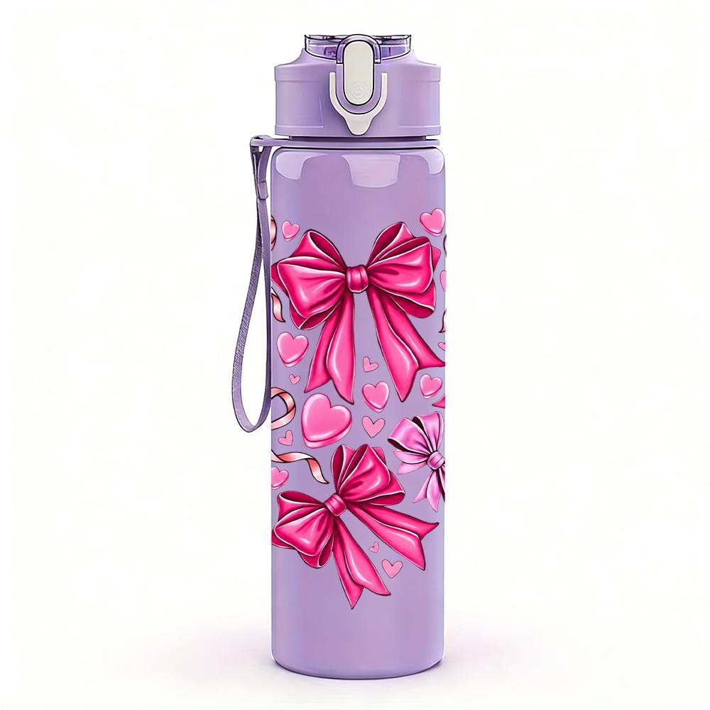 1PC Pink Bow Ribbon Heart Bouquet 750ml Color Plastic Sports Water Bottle Leakproof Flip Straw Lid Suitable for Sports Office Home Use