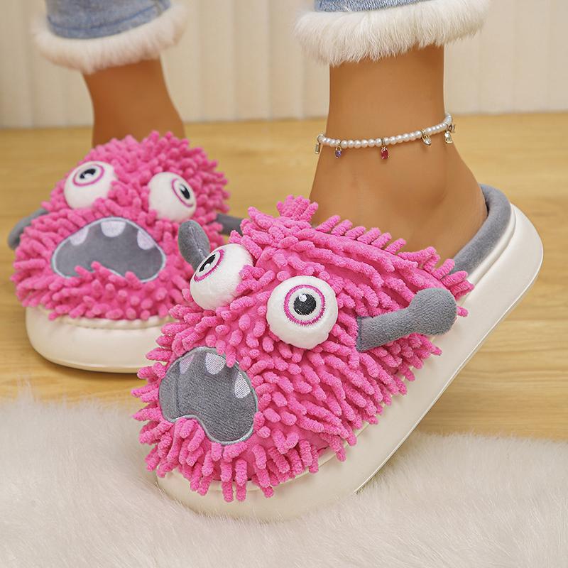 Fashion Cartoon Monster Fluffy Slippers for Women Winter Thick Sole Warm Cotton Slippers Woman Funny Indoor Anti-Slip Home Slides Shoes