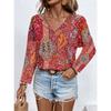 Women V Neck Boho Paisley Print Long Sleeve Blouse Multi Color Ethnic Loose Fit Summer Vacation Casual Top