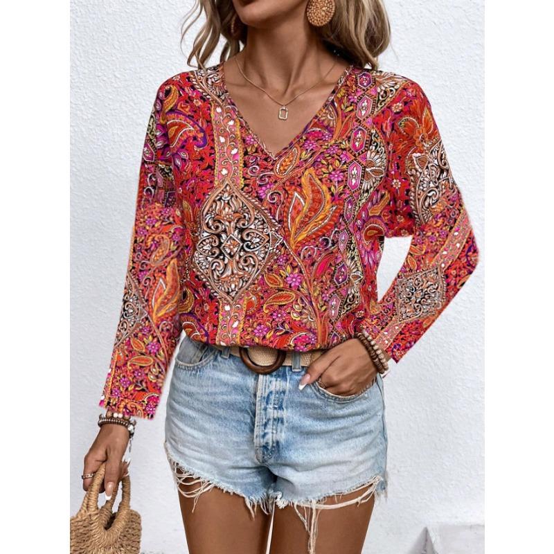 Women V Neck Boho Paisley Print Long Sleeve Blouse Multi Color Ethnic Loose Fit Summer Vacation Casual Top