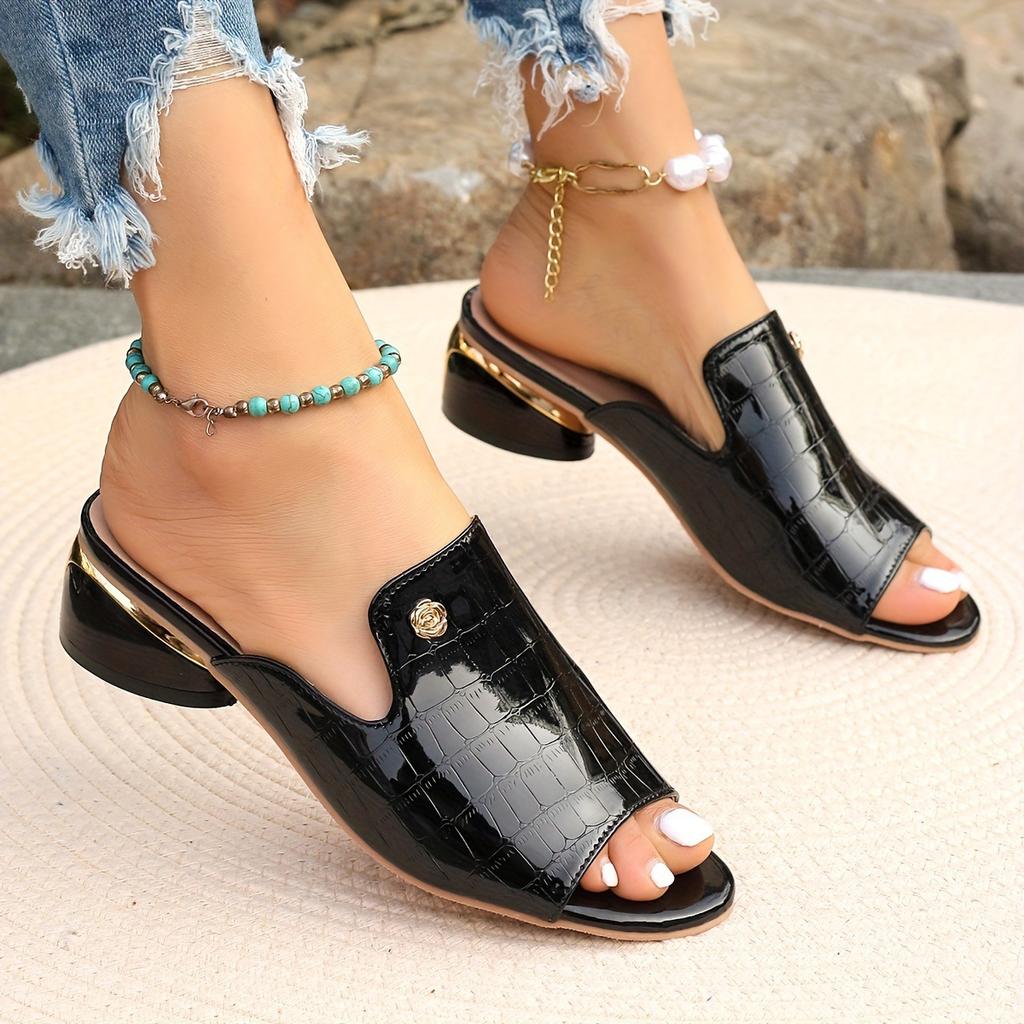 2025 New Cool Slippers Women's Summer Middle Heel Thick Heel Patent Leather Fish Mouth Wear Cool Slippers Large Size Women's Shoes
