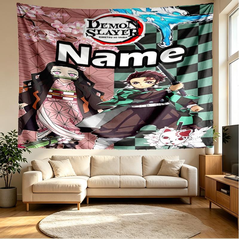 Custom Name Personalized Demon Slayer Print Tapestry, Wall Art Decor, Bedroom, Dorm, Apartment, LivingRoom, Party Backdrop, Gift for Birthday