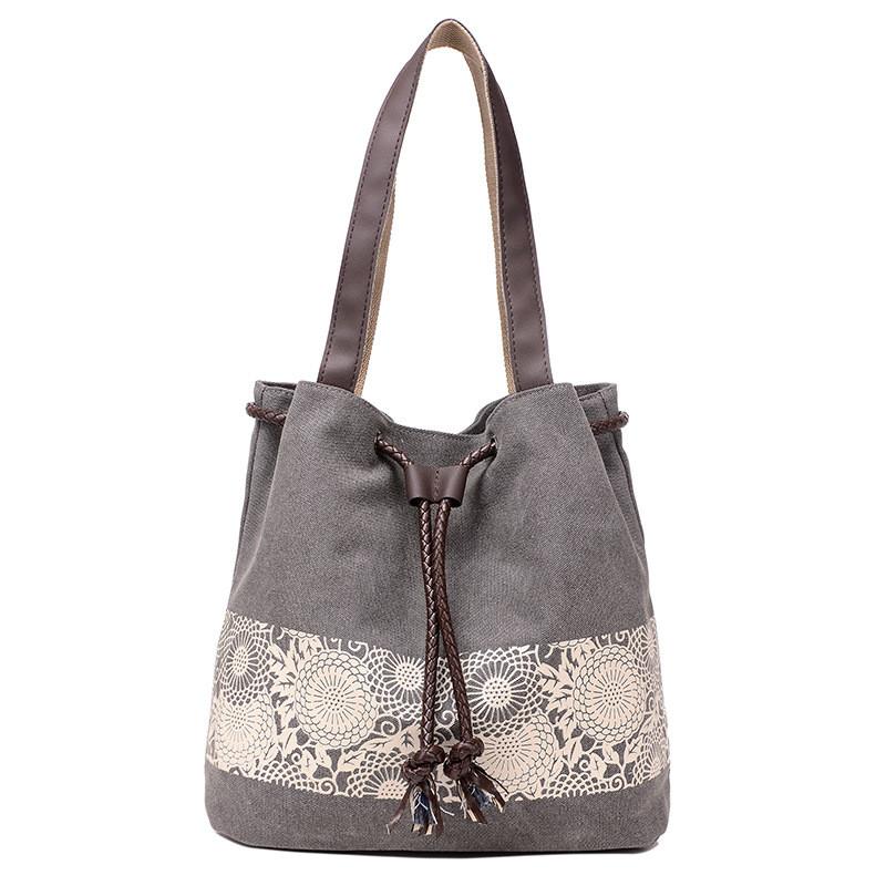 

Canvas Shoulder Bag For Women With Vintage Print Casual Travel Organizer серый