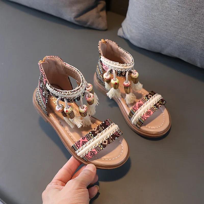 

Girls Gladiator Sandals Princess Sweet Kids Beach Shoes Kids Summer Retro Ethnic Traditional Sandals Tassels Soft Back Zip 23 хаки