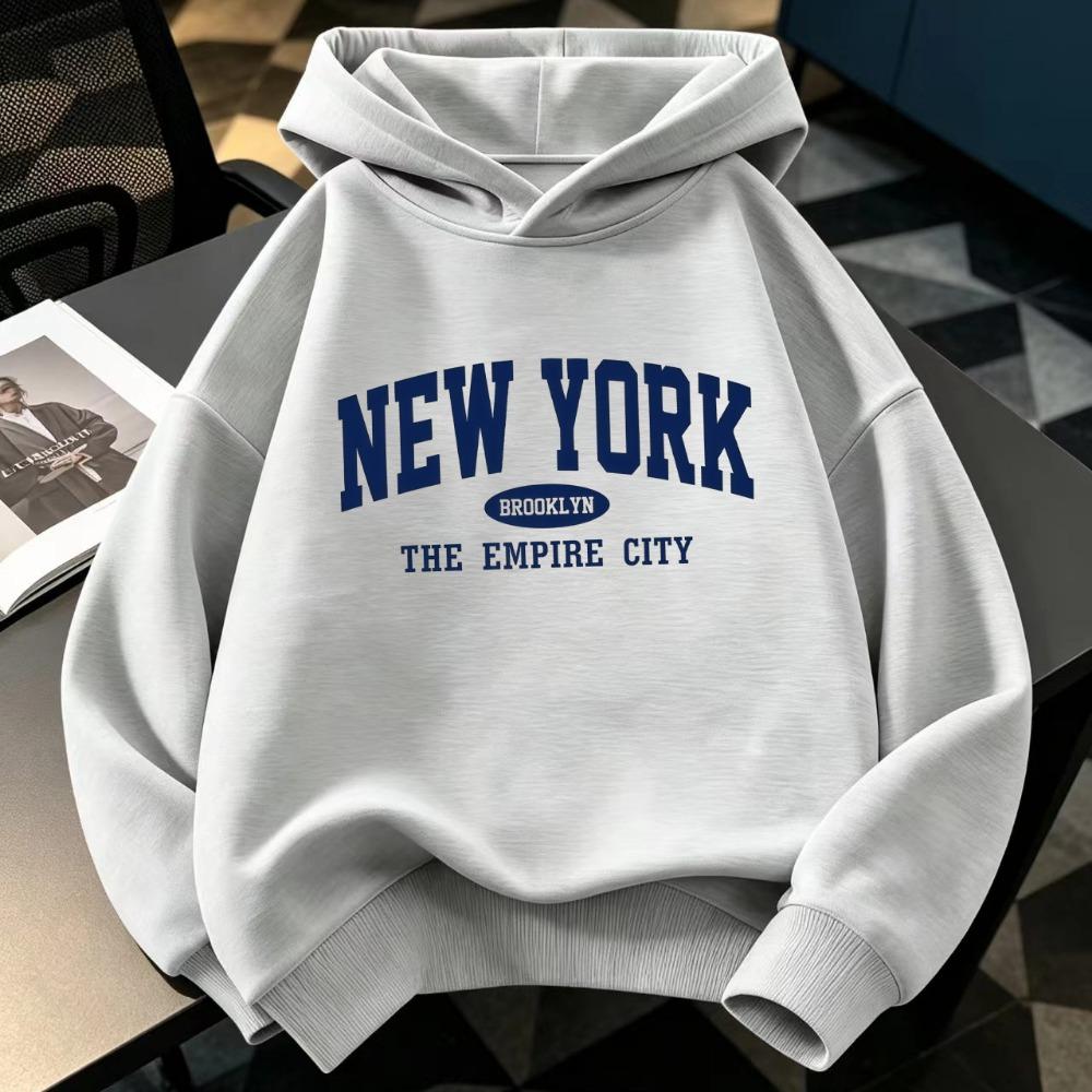 New York Letter Print Casual Style for Boys and Girls Children's Fashionable Hoodie Loose Fit, Geometric Pattern Warm Sweatshirt