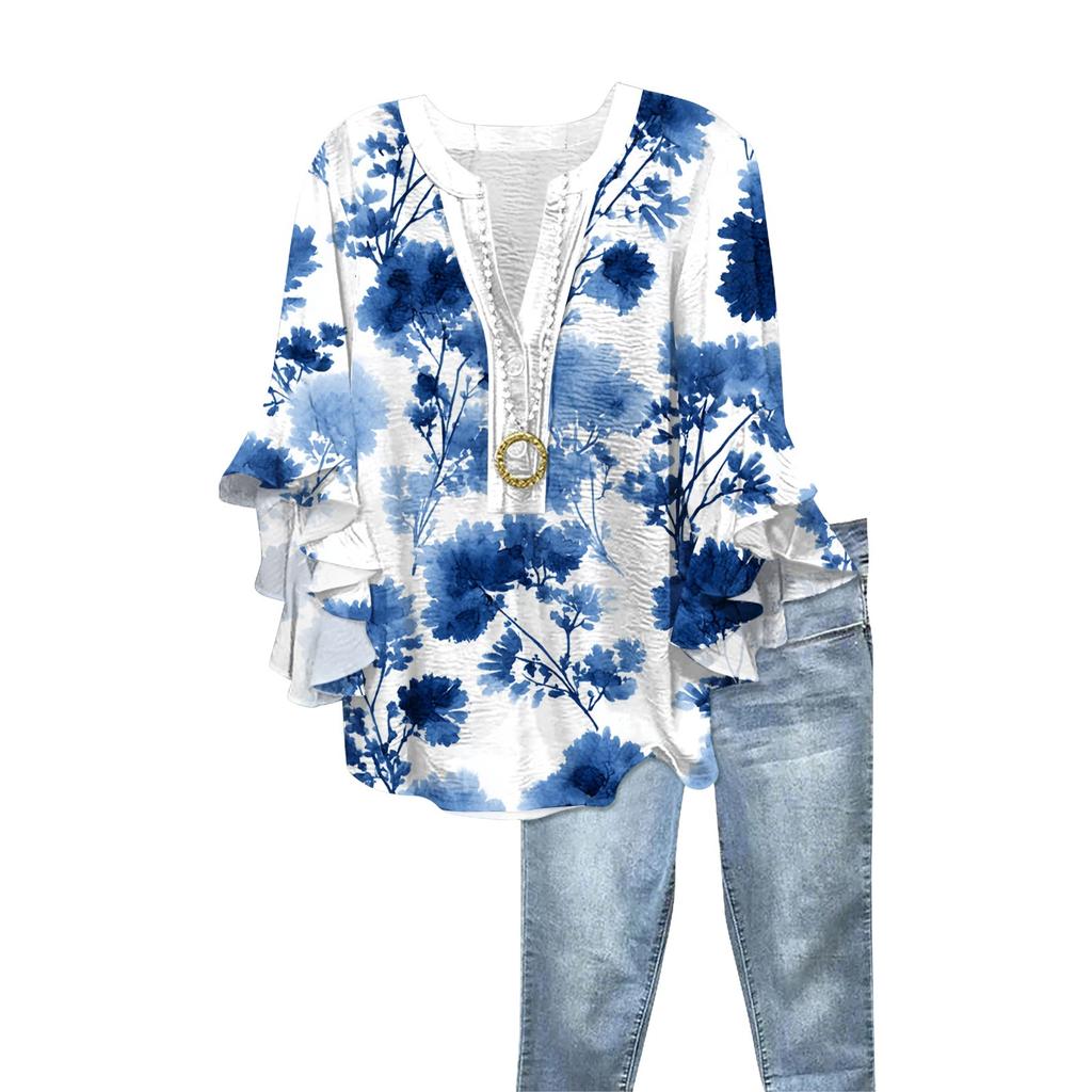 Women's Fashion Button V-Neck Ruffle Seven Sleeve Blouse Floral Printed Top