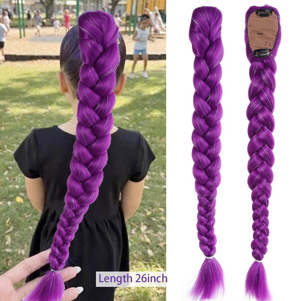 Synthetische Gevlochten Paarse Haar Paardenstaart Rumi Kostuum Kapsel 26 inch Lange Paardenstaart met Clips voor Kinderen Meisjes Halloween Kerst black