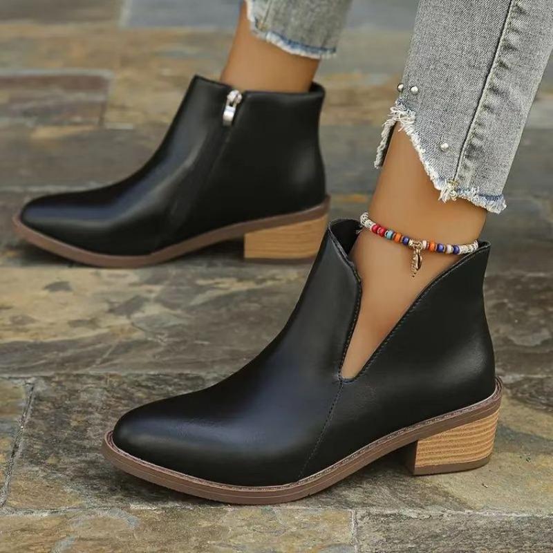 Plus Size Side Zipper Pointed Toe Chelsea Boots Fall New Square Heel Short Women's Boots Women's Women