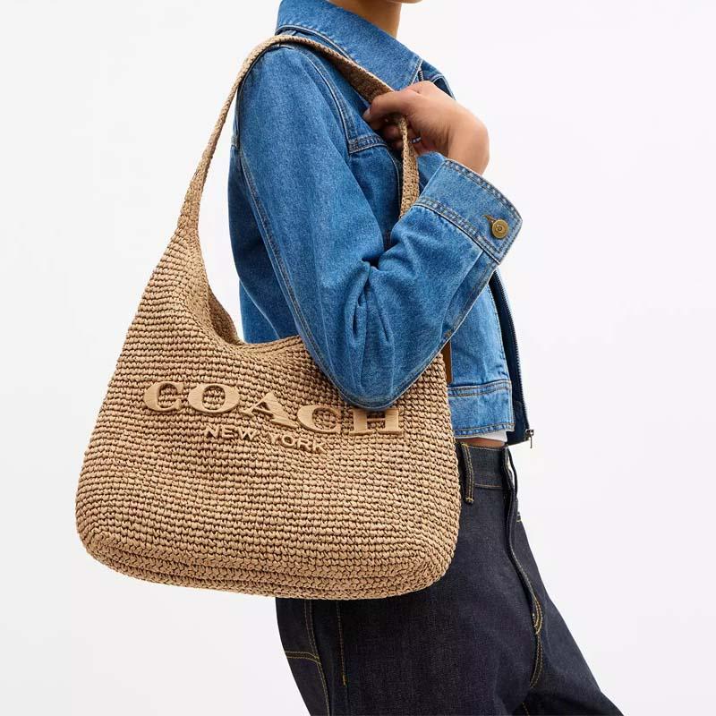 Coach Brooklyn 34 Magnetic Closure Straw And Calfskin Shoulder Bag Large Women Shoulder Bag Light-Brown CDZ38-B4NA