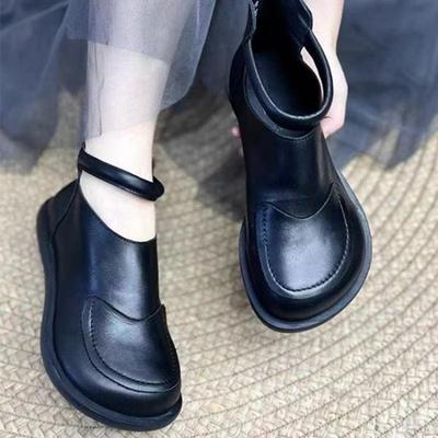 Female's Soft Leather Ankle Boots Patch Round Toe Slip-On Casual Shoes Breathable Black Booties