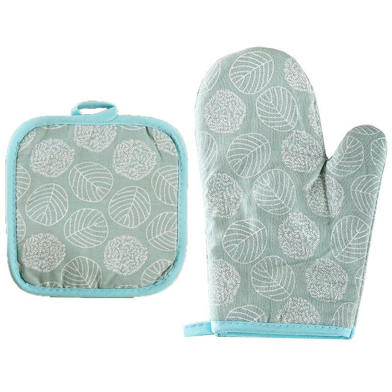 Heat Resistant Oven Gloves With Insulated Pad Set Baking Microwave Kitchen Use Cotton Linen Blend Modern Geometric Design
