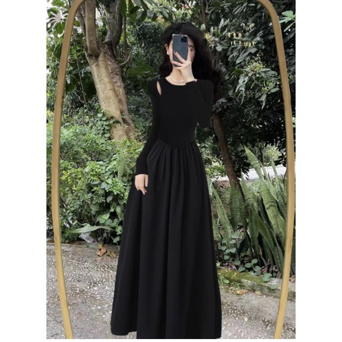 Hepburn style black dress women s autumn long-sleeved thin French thin long dress S