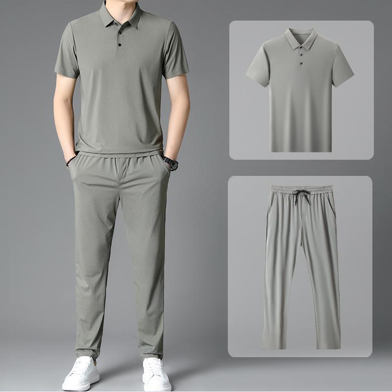 Summer Men's Sports and Leisure Suit Short-sleeved Trousers Home Ice Silk 2-piece Suit