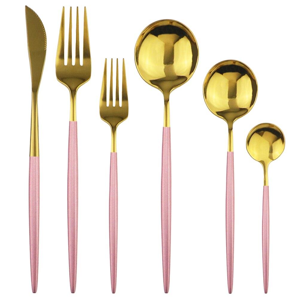 6Pcs Dinnerware Set White Gold Cutlery Set For One 304 Stainless Steel Knife Forks Spoons Dinner Set Kitchen Silverware Tableware Set