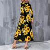 Women Plus Size V Neck Long Sleeve Colorful Printed A Line Midi Dress With Pockets