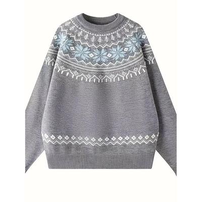 Retro Fair Isle Jacquard Round Neck Knit Sweater - Loose Fit for Couples, Autumn/Winter Casual Base Layer