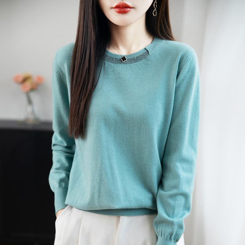 Women's Rhinestone Crew Neck Knit Sweater - Elegant, Versatile, and Stylish for Autumn & Winter