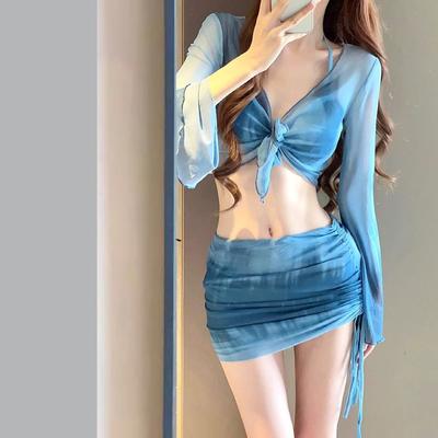 Damenmode Batik Langarm Schnür-Crop-Top und Seitlich geraffter Minirock mit Kordelzug Set Sommer Blau Bikinis Cover-up Strandbekleidung