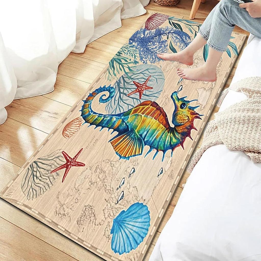 Vintage Nautical Compass Rugs Washable Compass Area Rugs,Cute Lighthouse Whale Shell Carpet,Nautical Theme Non Slip Floor Mat