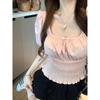 Kumikumi Sweet U Collar Puff sleeve Shirts Women Summer New Niche Bow Waist Hugging Slimming Top