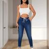 Women Denim Jeans High Waist Women's Jeans With Drawstring Lady Fall Jeans Elastic Waist Slim Fit Fabric Stylish Female Trousers