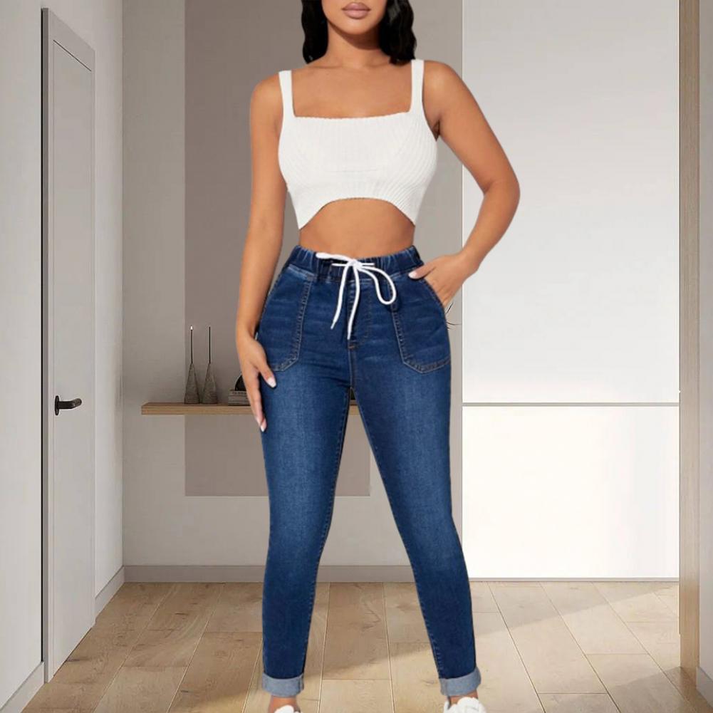Damen Jeans mit hoher Taille und Kordelzug, Jeans für Damen, Herbstjeans, elastische Taille, Slim Fit, Stoff, stilvolle Damenhose
