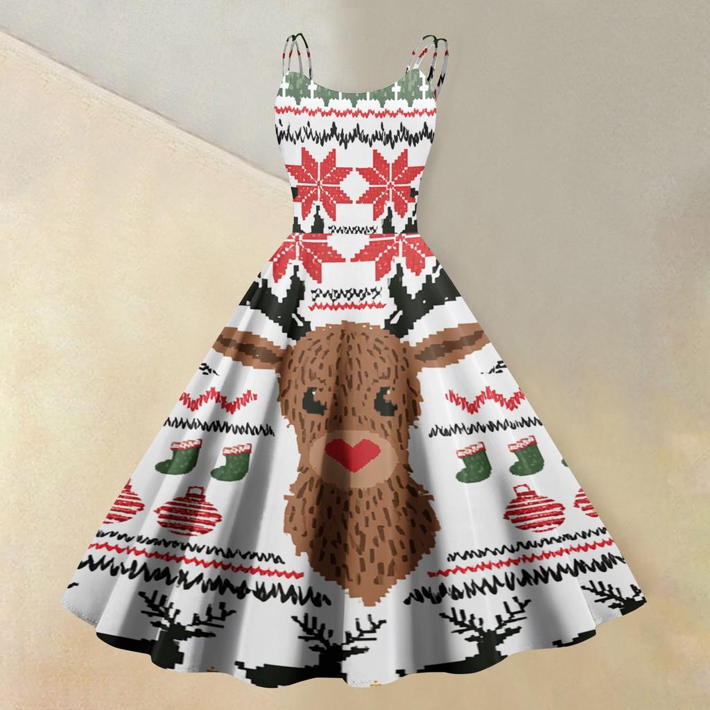 Women's Casual Sleeveless Dress with Christmas Print and Round Neck for Holiday Party