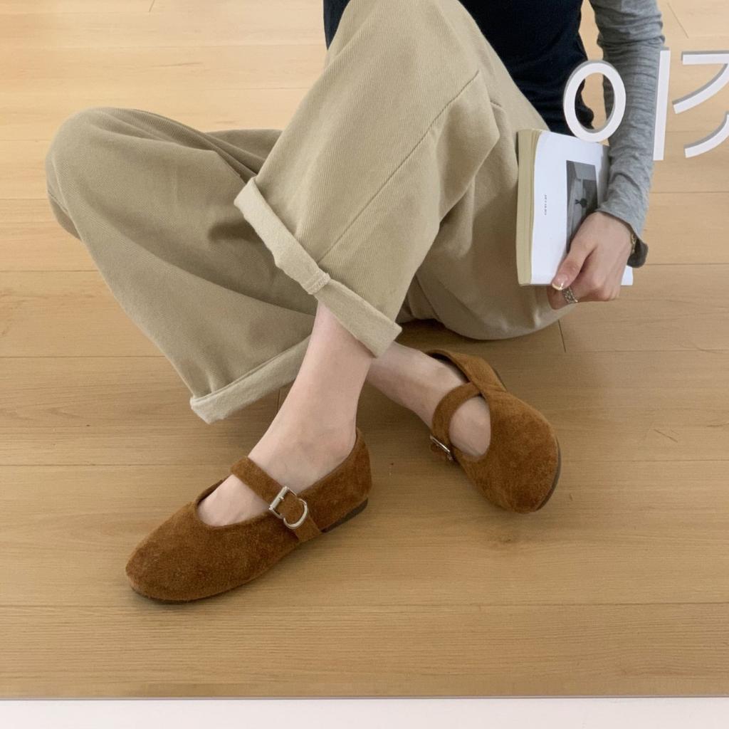THEBULAGE Korean Version of Round Head Shallow Mouth Single Shoes 2025 Autumn One-word Buckle with Mary Jane Flat Shoes