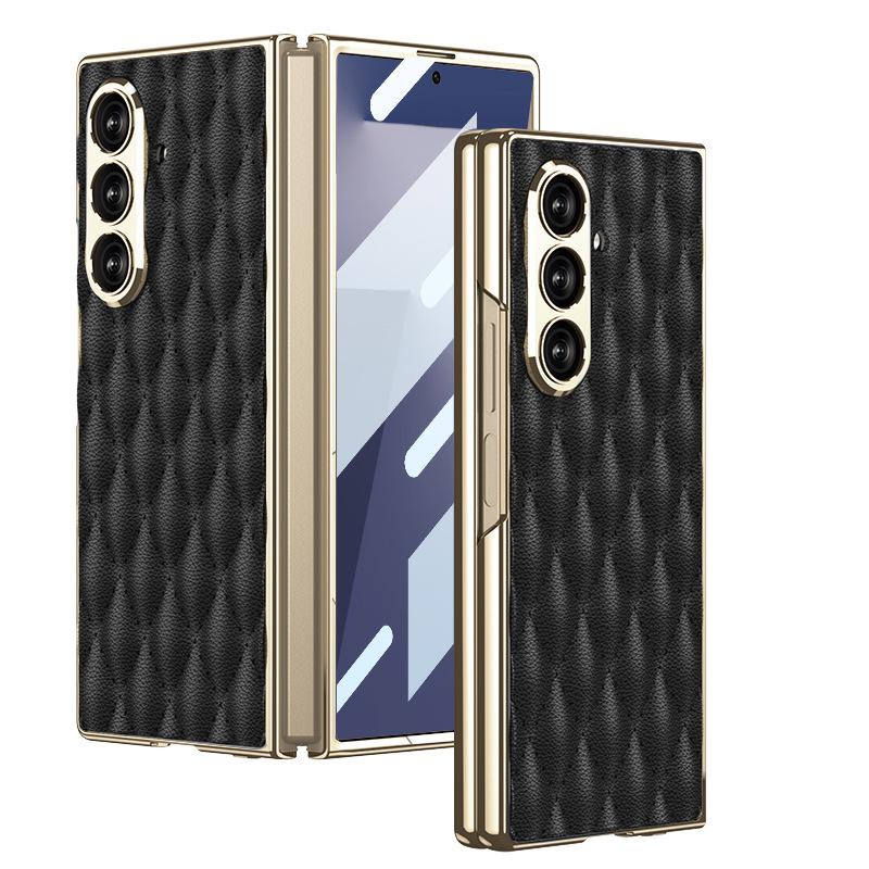 Samsung Zfold7 Mobile Phone Case Electroplated Plain Leather Shell Film Integrated Lambskin Diamond Pattern Protective Cover