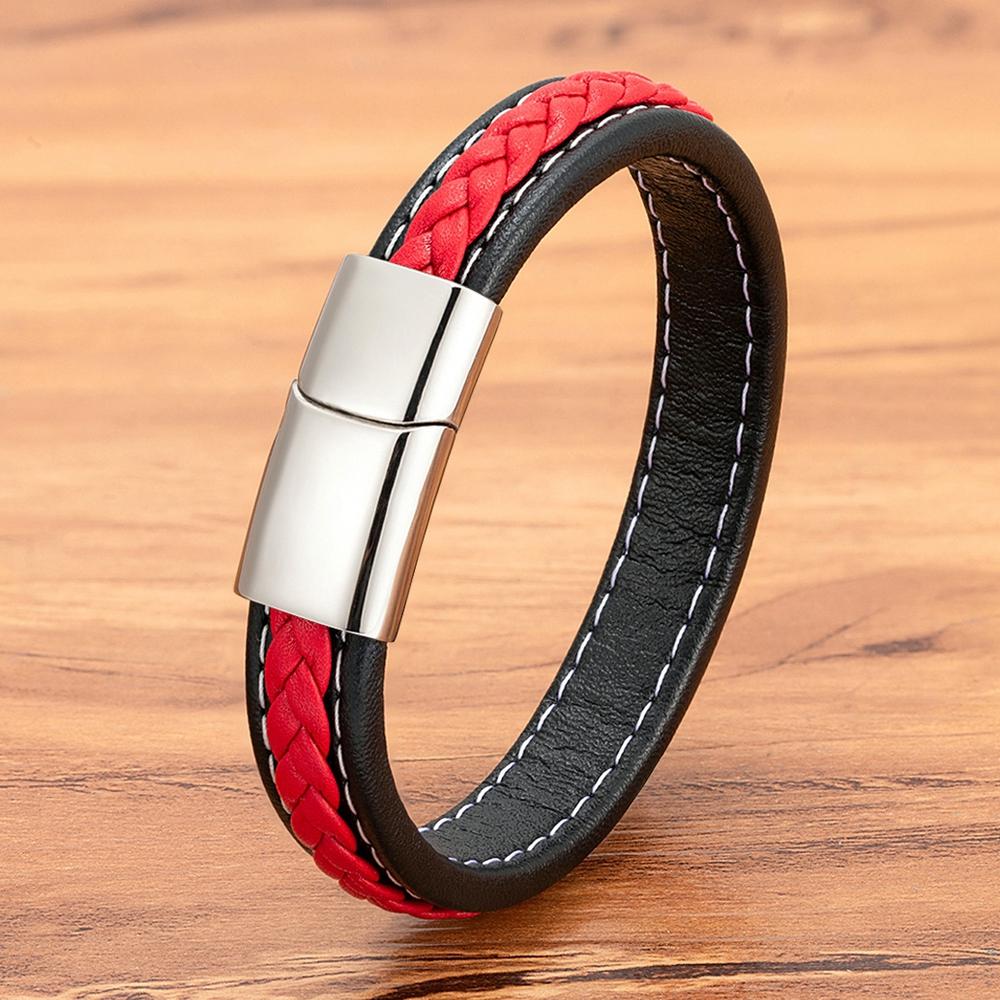 Black & Red Braided Rope Leather Bracelet Men Stainless Steel Charm Jewelry Bangle for Friend Couple Birthday New Year Gift