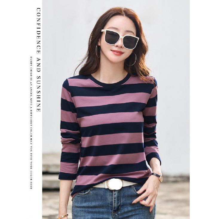 Dámské letní fialové pruhované bavlněné tričko s kulatým výstřihem, dlouhým rukávem, volného střihu, ležérní módní top s protižmolkovací úpravou, digitální