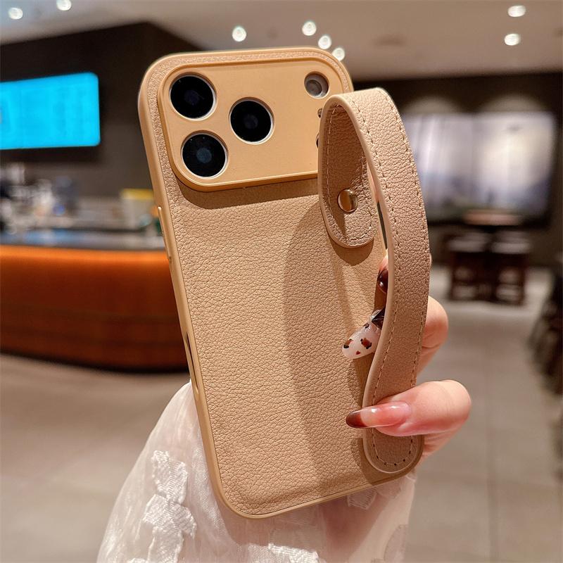 Leather Texture Wristband Holder Phone Case for iPhone 17 Air 16E 15 14 Plus 13 12 11 Pro Max Plain Color Matte Shockproof Cover