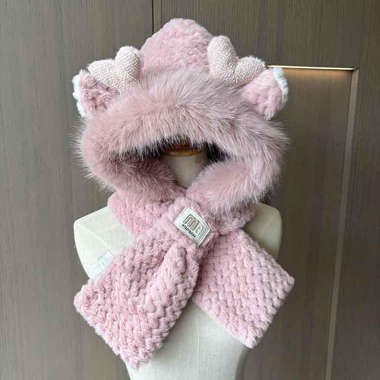 Winter Hat Women's Warm and Cold Two-piece Hat Scarf Hat Integrated Winter Cute Antler Plush Hat