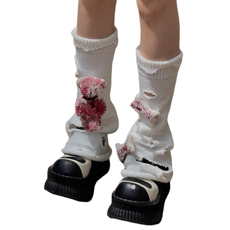 Aesthetic Vintage Ripped Hole Knitted Leg Warmer for Women Harajuku Streetwear Punk 3D Bloody Bear Leg Sleeve Cover