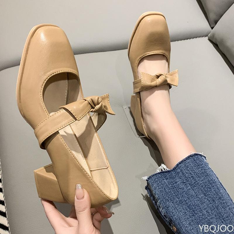 Fashion Square toe single shoe women's high heels new fairy style casual anti slip simple comfortable thick heel bow women's shoes