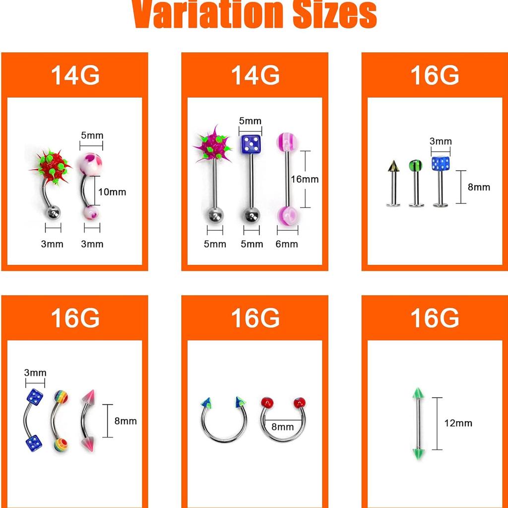 110PCS Joyería Corporal Piercing Ceja Ombligo Vientre Lengua Labio Barra Anillo