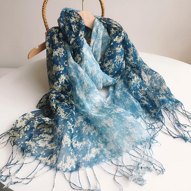 Linen Tie-Dye Scarf Gradual Change Imitation Blue Dye Batik Scarf Women'S Style Shawl Fringed Warm Silk Scarf