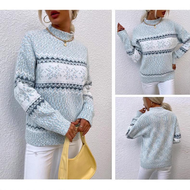 2024 Europäischer & Amerikanischer Damen Herbst/Winter Schneeflocken Halbhoher Kragen Pullover