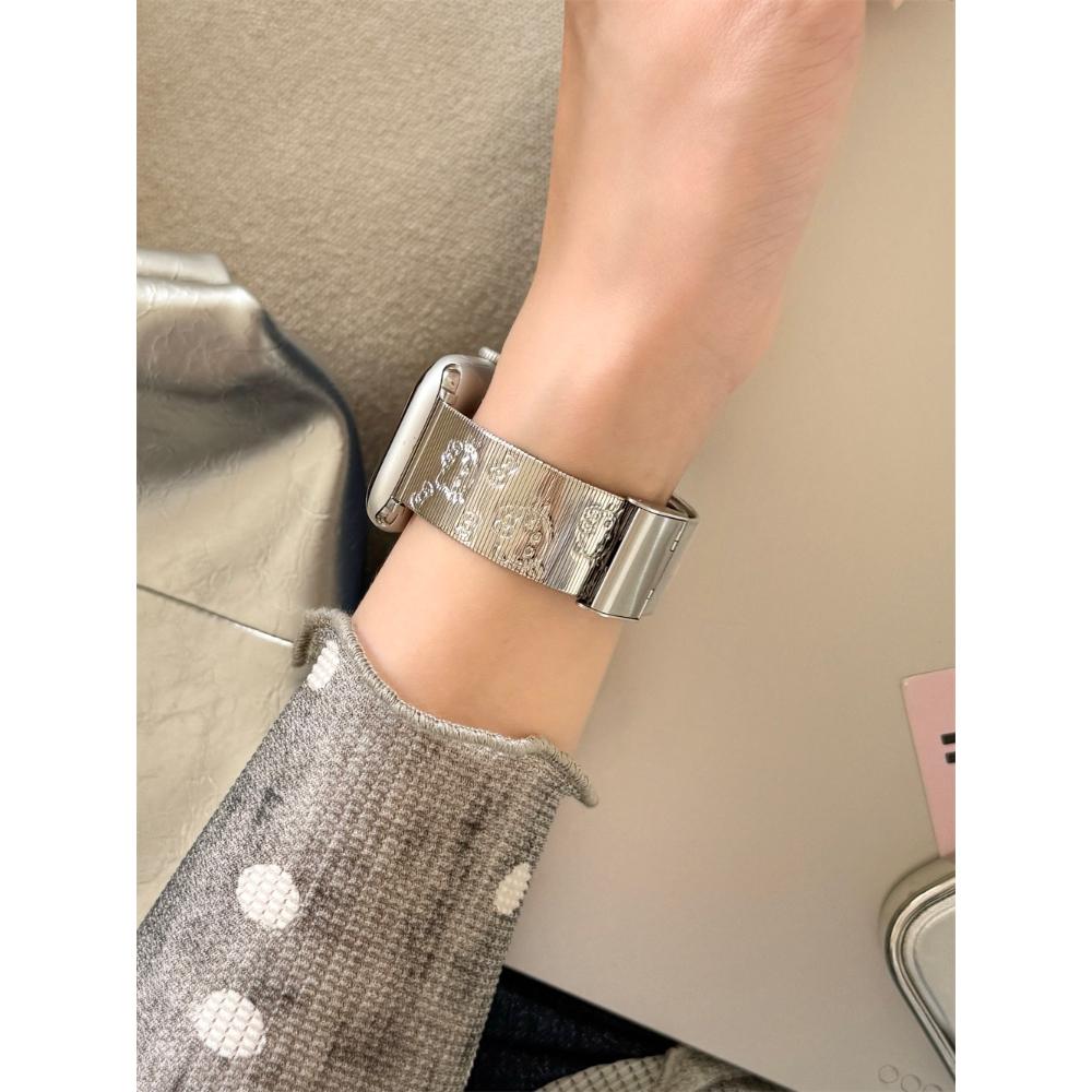 Embossed Stainless Steel Metal Strap for Apple Watch Ultra, Slim Stylish Band for iWatch Series 11/10/9/8/7/6/SE/5, 38/40/42/45/46/49mm