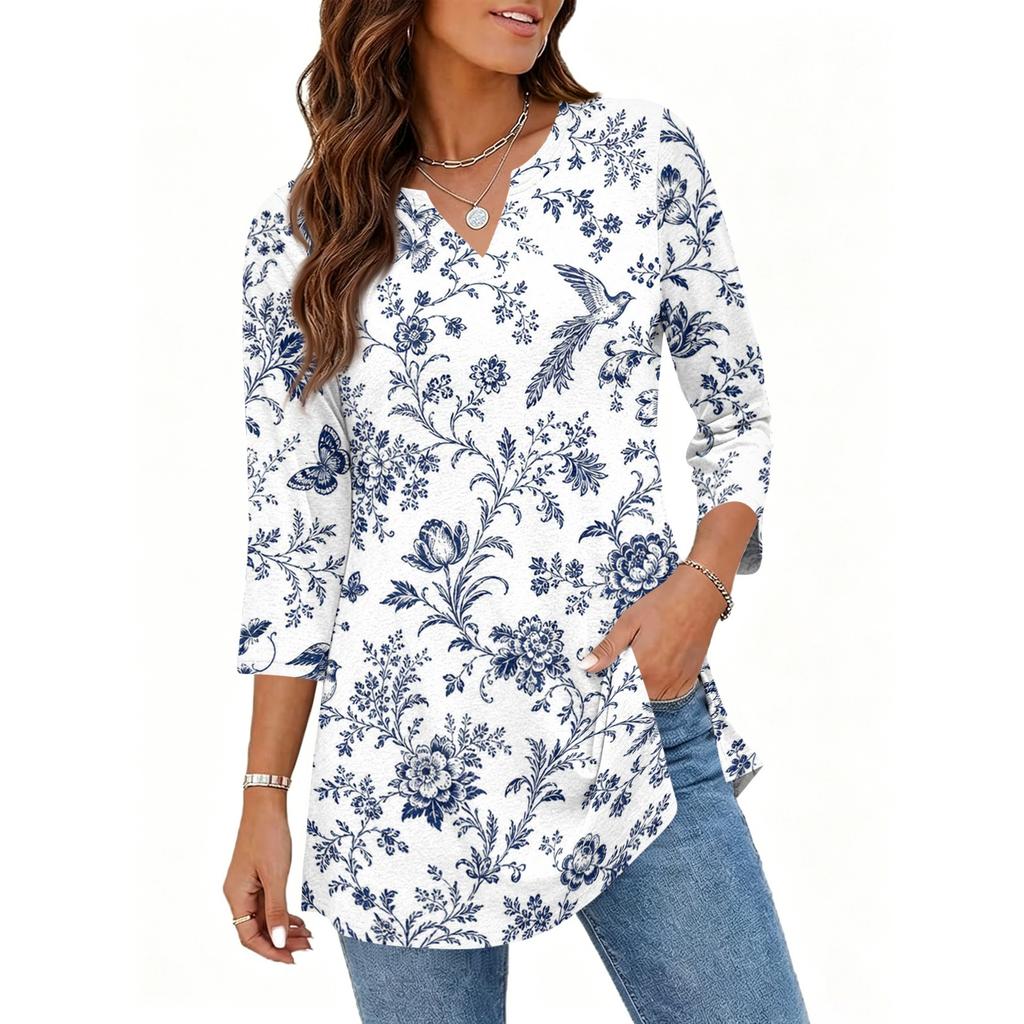 Women's Casual V Neck 3/4 Sleeve Pullover Tunic Top Floral Print Mid Length Blouse Lightweight Soft Fabric